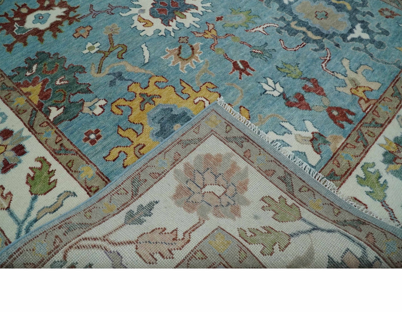 Aqua and Ivory 9x12 hand knotted Vibrant colorful Traditional Oushak Wool Area Rug - The Rug Decor