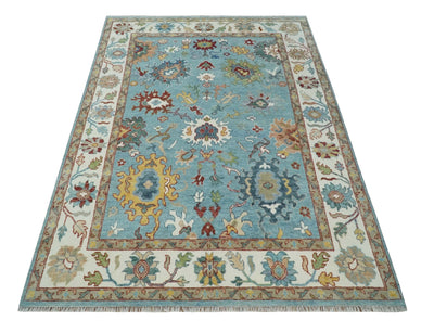 Aqua and Ivory 9x12 hand knotted Vibrant colorful Traditional Oushak Wool Area Rug - The Rug Decor