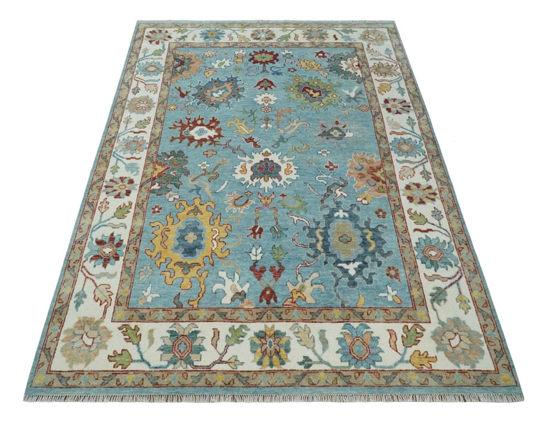 Aqua and Ivory 9x12 hand knotted Vibrant colorful Traditional Oushak Wool Area Rug - The Rug Decor