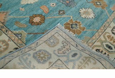 Aqua Blue and Ivory 8x10 Hand Knotted Wool Traditional Oushak Area Rug - The Rug Decor