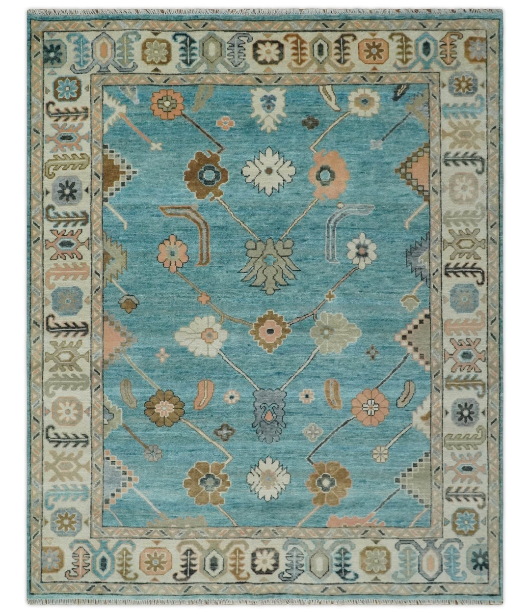 Aqua Blue and Ivory 8x10 Hand Knotted Wool Traditional Oushak Area Rug - The Rug Decor