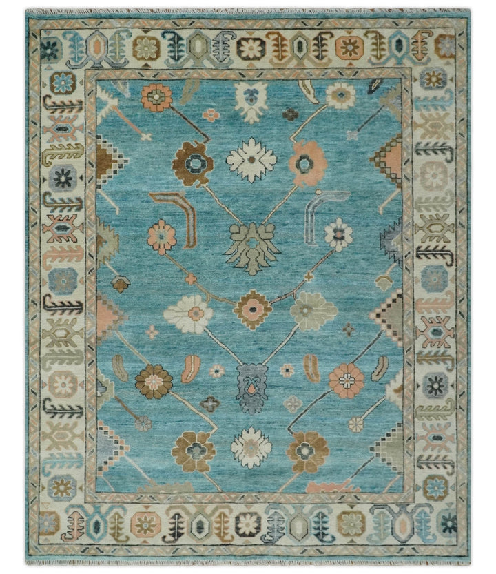 Aqua Blue and Ivory 8x10 Hand Knotted Wool Traditional Oushak Area Rug - The Rug Decor