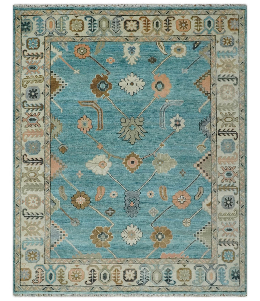 Aqua Blue and Ivory 8x10 Hand Knotted Wool Traditional Oushak Area Rug - The Rug Decor