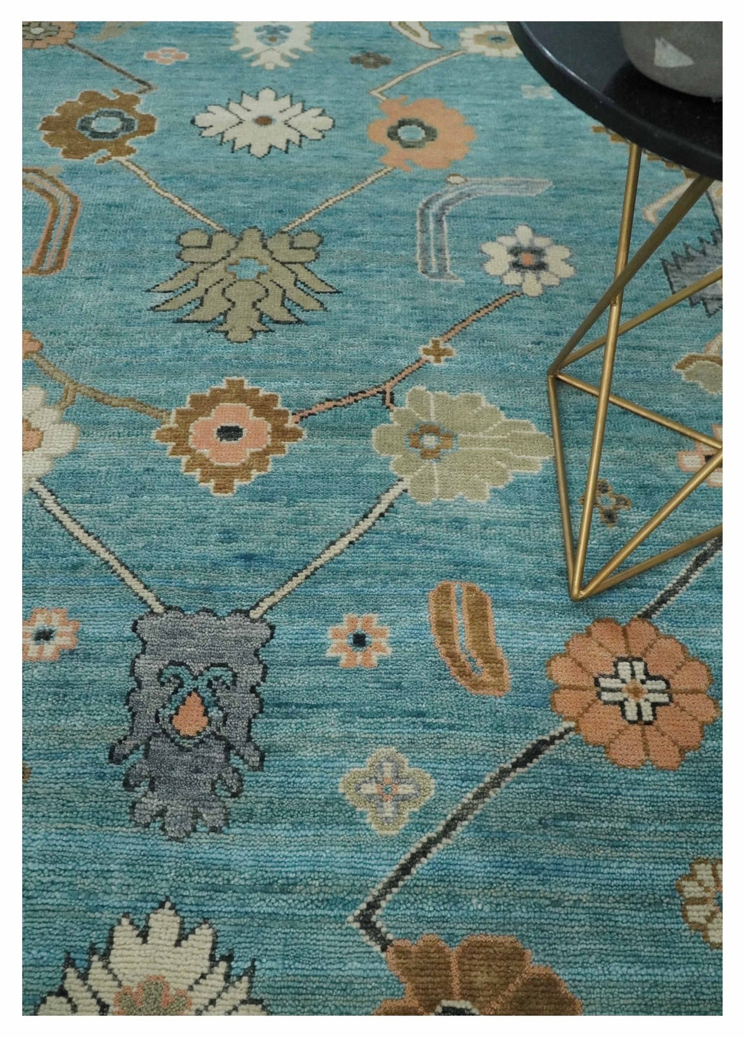 Aqua Blue and Ivory 8x10 Hand Knotted Wool Traditional Oushak Area Rug - The Rug Decor