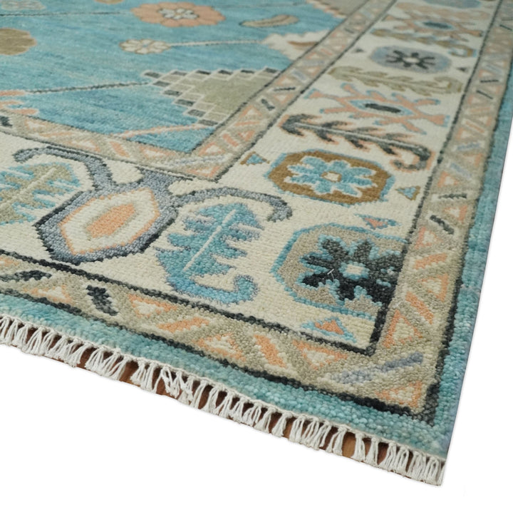 Aqua Blue and Ivory 8x10 Hand Knotted Wool Traditional Oushak Area Rug - The Rug Decor