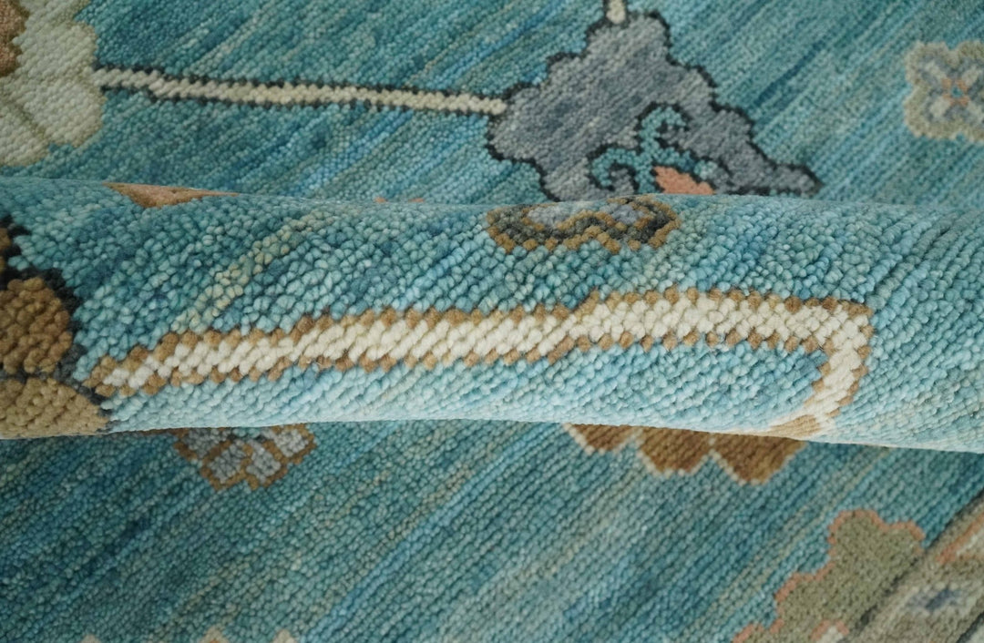 Aqua Blue and Ivory 8x10 Hand Knotted Wool Traditional Oushak Area Rug - The Rug Decor
