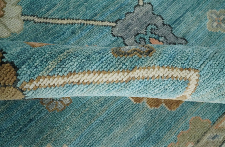 Aqua Blue and Ivory 8x10 Hand Knotted Wool Traditional Oushak Area Rug - The Rug Decor