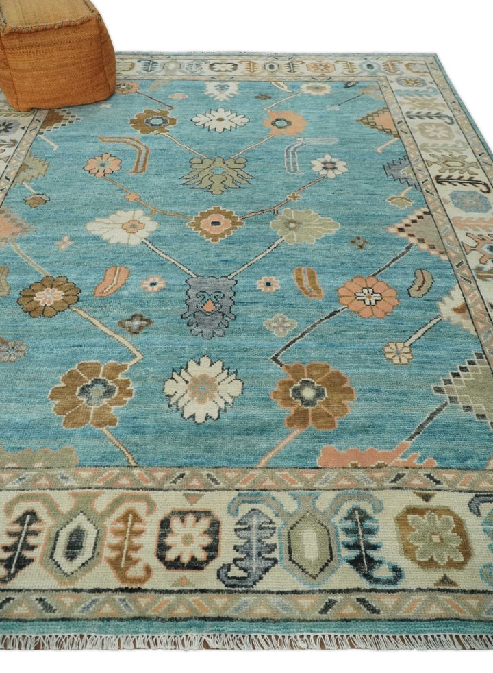 Aqua Blue and Ivory 8x10 Hand Knotted Wool Traditional Oushak Area Rug - The Rug Decor