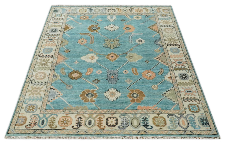 Aqua Blue and Ivory 8x10 Hand Knotted Wool Traditional Oushak Area Rug - The Rug Decor