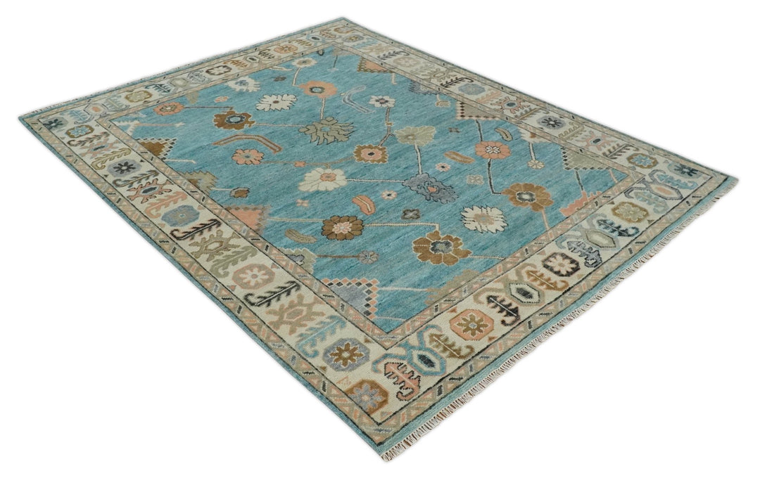 Aqua Blue and Ivory 8x10 Hand Knotted Wool Traditional Oushak Area Rug - The Rug Decor