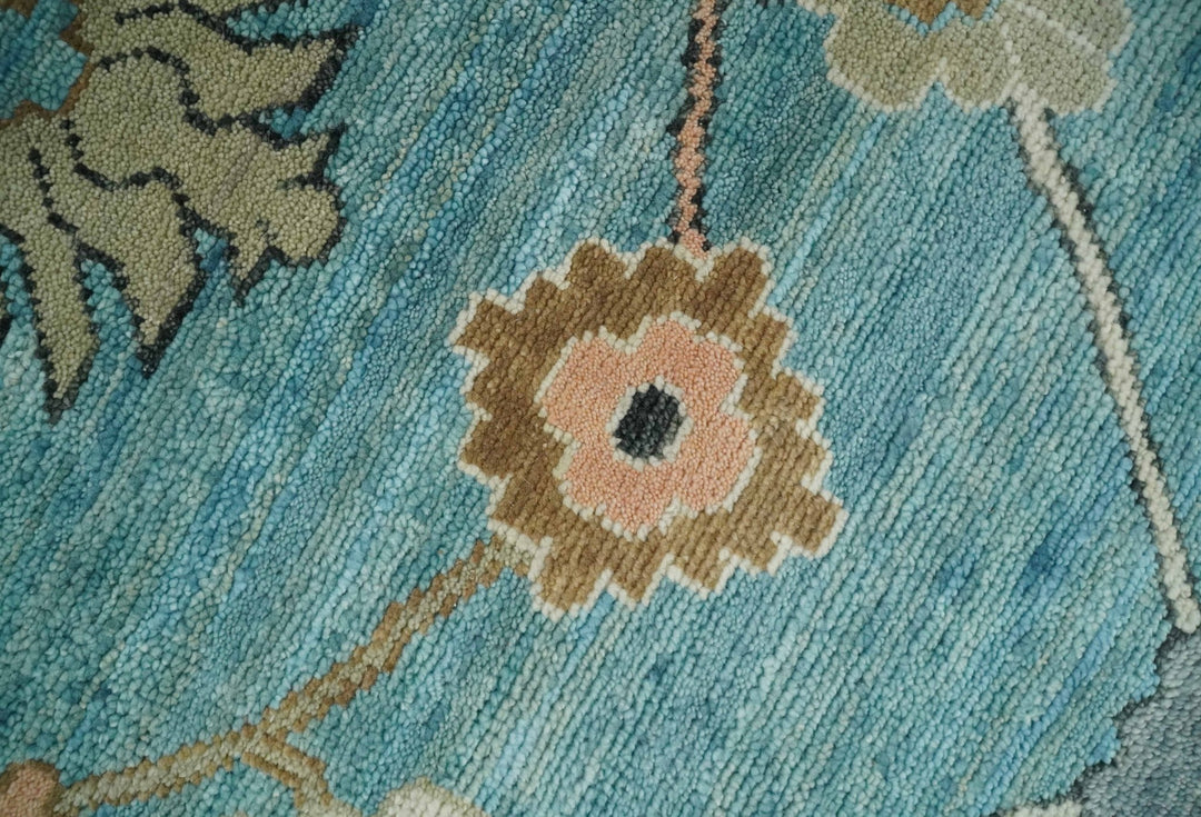 Aqua Blue and Ivory 8x10 Hand Knotted Wool Traditional Oushak Area Rug - The Rug Decor