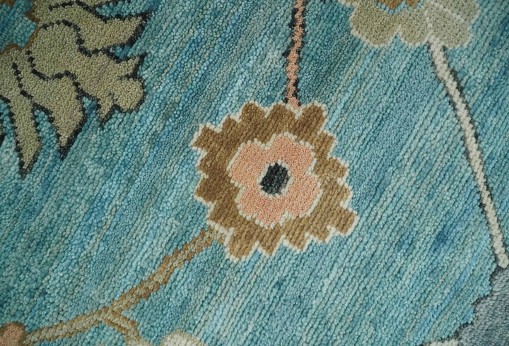 Aqua Blue and Ivory 8x10 Hand Knotted Wool Traditional Oushak Area Rug - The Rug Decor