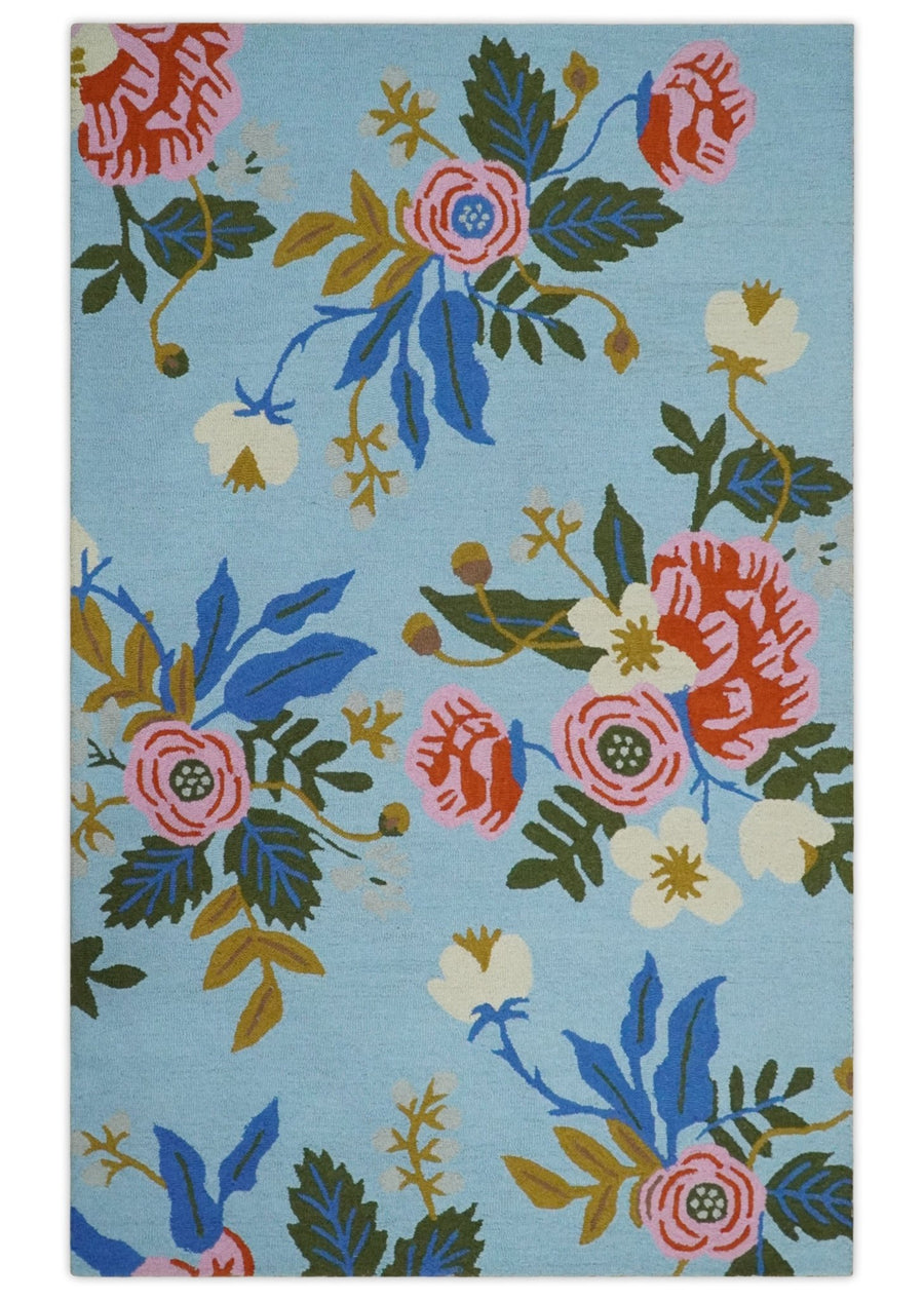 Aqua, Pink, Blue and Green Rose Floral Traditional Hand Tufted 5x8 Wool Area Rug - The Rug Decor