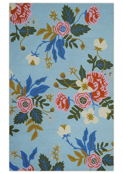 Aqua, Pink, Blue and Green Rose Floral Traditional Hand Tufted 5x8 Wool Area Rug - The Rug Decor