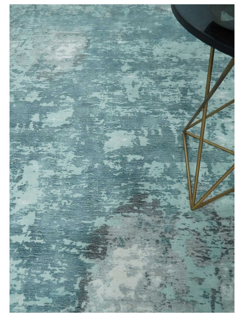 Aqua, Silver and Ivory Modern Abstract Hand Loomed Blended wool and Art silk Area Rug - The Rug Decor