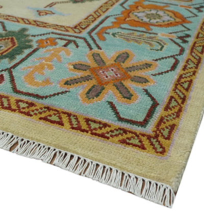 Beige and Aqua Hand knotted Modern Oushak 9x12 wool Area Rug - The Rug Decor