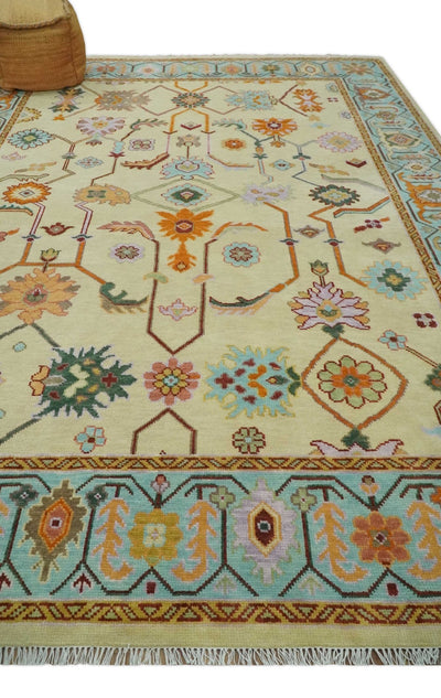 Beige and Aqua Hand knotted Modern Oushak 9x12 wool Area Rug - The Rug Decor