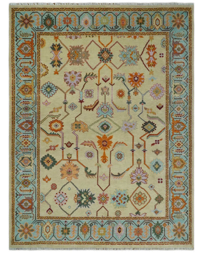 Beige and Aqua Hand knotted Modern Oushak 9x12 wool Area Rug - The Rug Decor