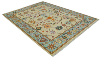 Beige and Aqua Hand knotted Modern Oushak 9x12 wool Area Rug - The Rug Decor