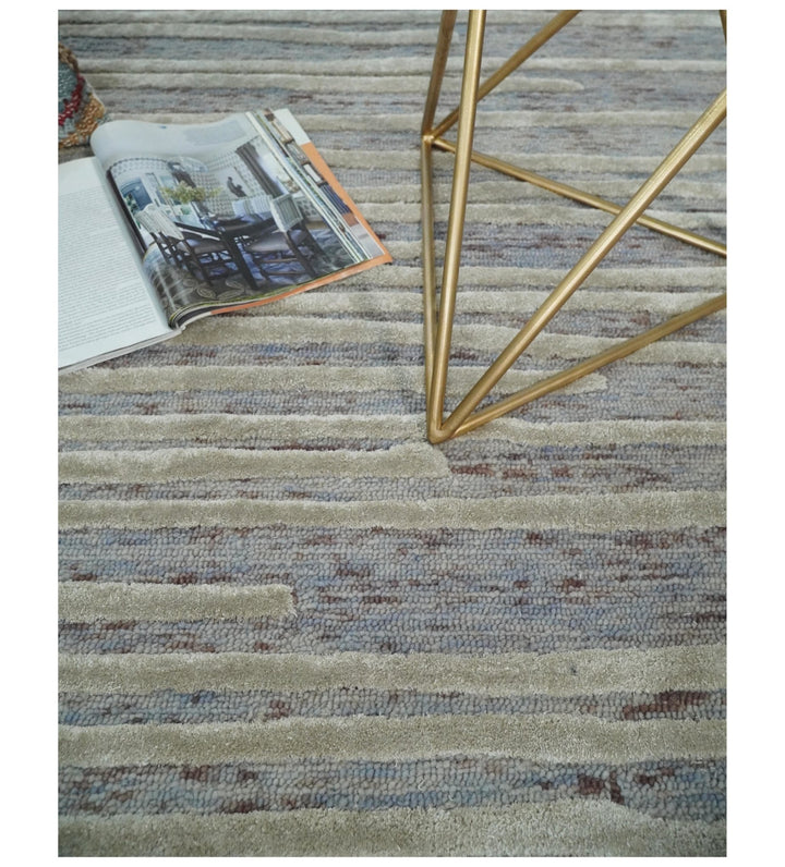 Beige and Blue Handmade 8x10 Wool and Silk Area rug made with fine wool - The Rug Decor