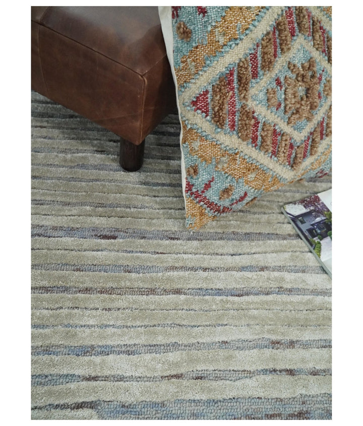 Beige and Blue Handmade 8x10 Wool and Silk Area rug made with fine wool - The Rug Decor