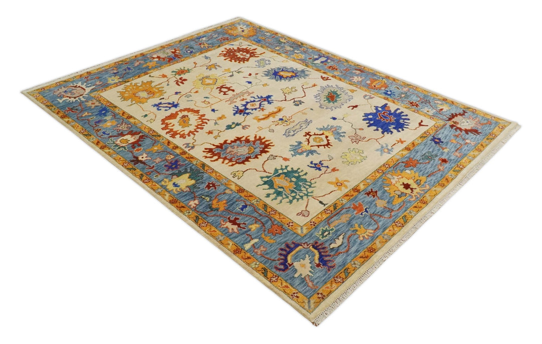 Beige and Blue Oushak 5x8, 6x9, 8x10, 9x12, 10x14 and 12x15 Hand Knotted Traditional Persian Vintage Wool Rug | TRDCP786 - The Rug Decor