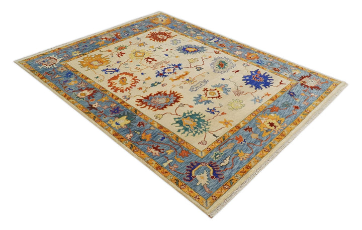 Beige and Blue Oushak 5x8, 6x9, 8x10, 9x12, 10x14 and 12x15 Hand Knotted Traditional Persian Vintage Wool Rug | TRDCP786 - The Rug Decor