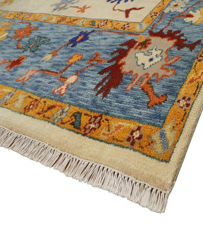 Beige and Blue Oushak 5x8, 6x9, 8x10, 9x12, 10x14 and 12x15 Hand Knotted Traditional Persian Vintage Wool Rug | TRDCP786 - The Rug Decor