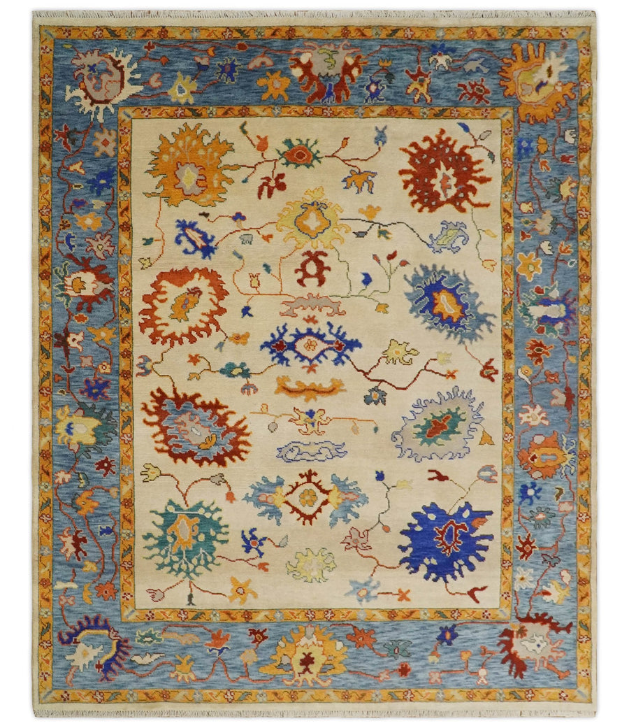 Beige and Blue Oushak 5x8, 6x9, 8x10, 9x12, 10x14 and 12x15 Hand Knotted Traditional Persian Vintage Wool Rug | TRDCP786 - The Rug Decor