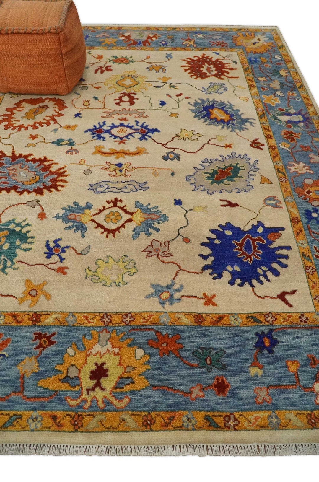 Beige and Blue Oushak 5x8, 6x9, 8x10, 9x12, 10x14 and 12x15 Hand Knotted Traditional Persian Vintage Wool Rug | TRDCP786 - The Rug Decor