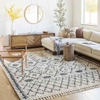Beige and Charcoal Geometrical Design Moroccan Style Tribal Trellis Rug - The Rug Decor