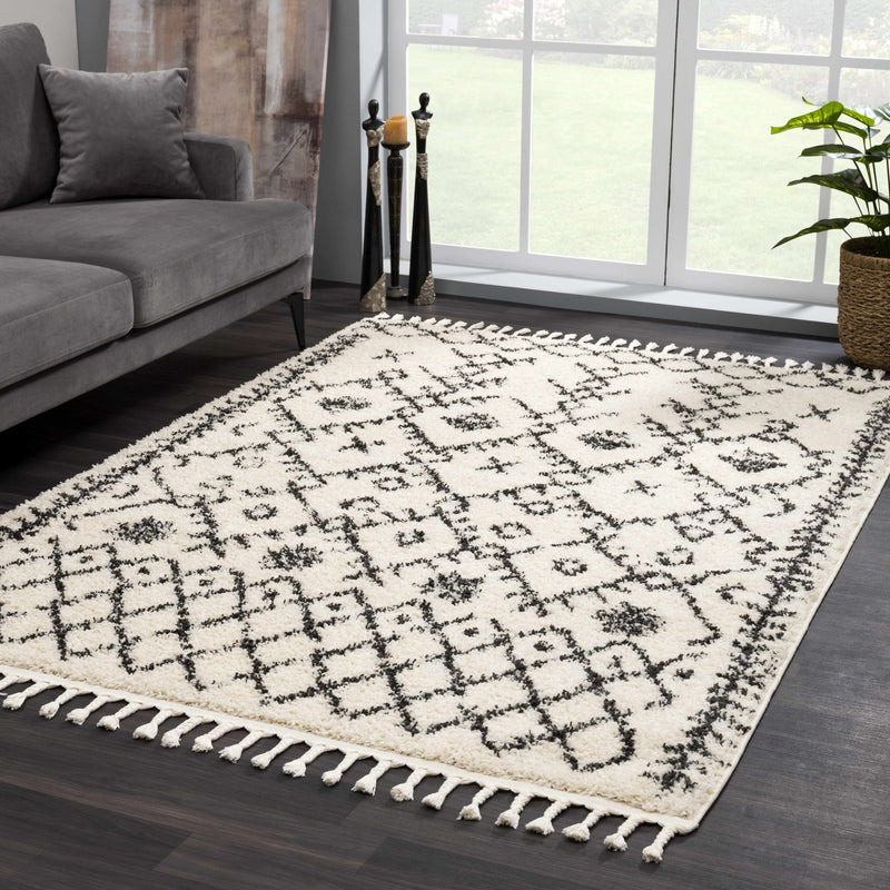 Beige and Charcoal Geometrical Design Moroccan Style Tribal Trellis Rug - The Rug Decor