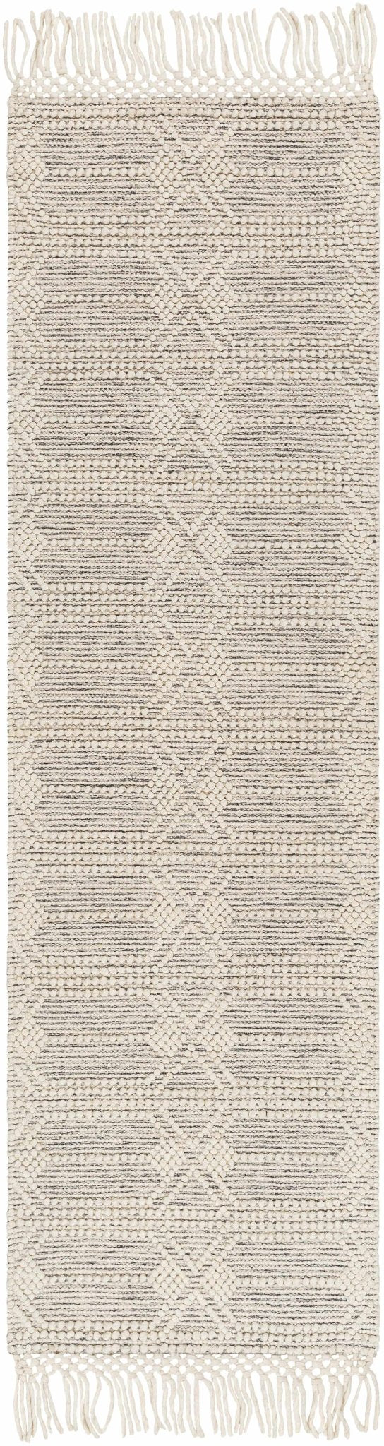 Beige and Charcoal Geometrical Hand Woven Tasseled Wool Area Rug - The Rug Decor