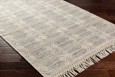 Beige and Charcoal Geometrical Hand Woven Tasseled Wool Area Rug - The Rug Decor