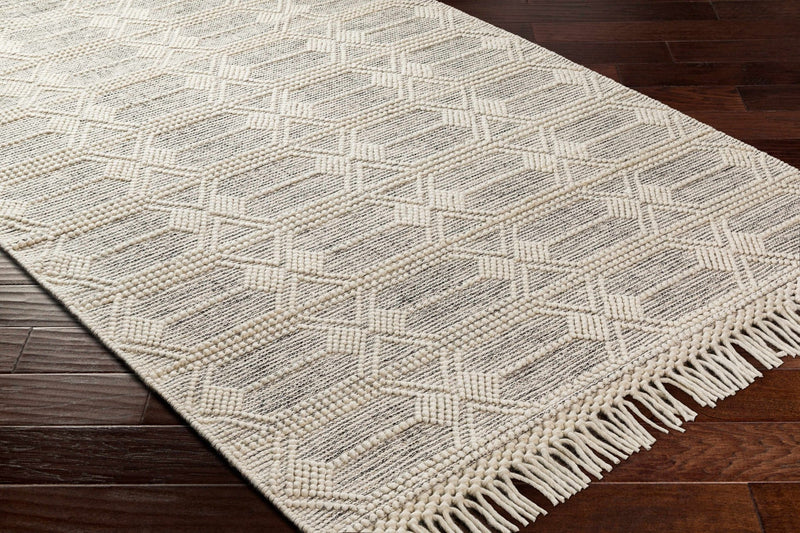 Beige and Charcoal Geometrical Hand Woven Tasseled Wool Area Rug - The Rug Decor