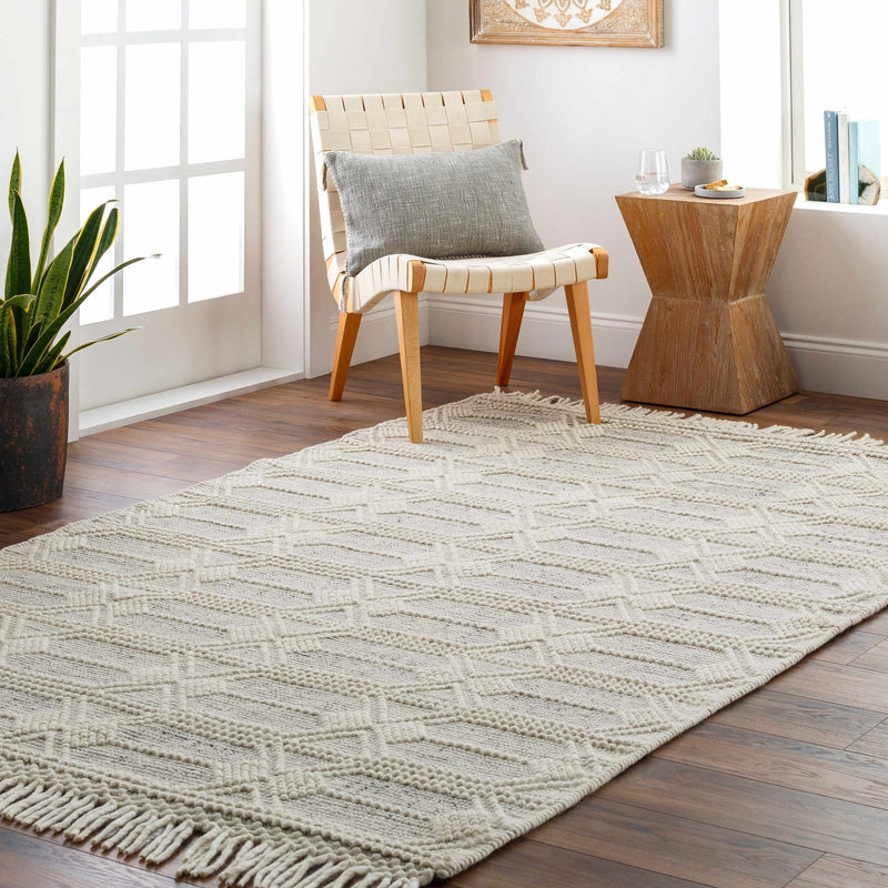 Beige and Charcoal Geometrical Hand Woven Tasseled Wool Area Rug - The Rug Decor