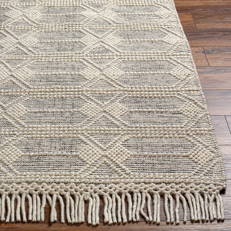 Beige and Charcoal Geometrical Hand Woven Tasseled Wool Area Rug - The Rug Decor