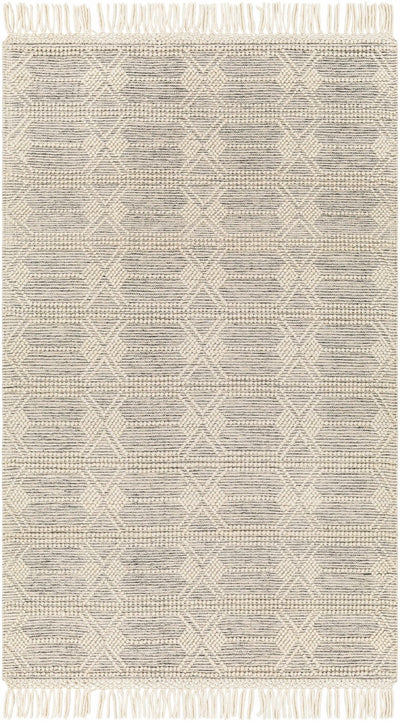 Beige and Charcoal Geometrical Hand Woven Tasseled Wool Area Rug - The Rug Decor