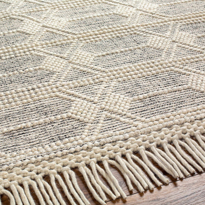 Beige and Charcoal Geometrical Hand Woven Tasseled Wool Area Rug - The Rug Decor