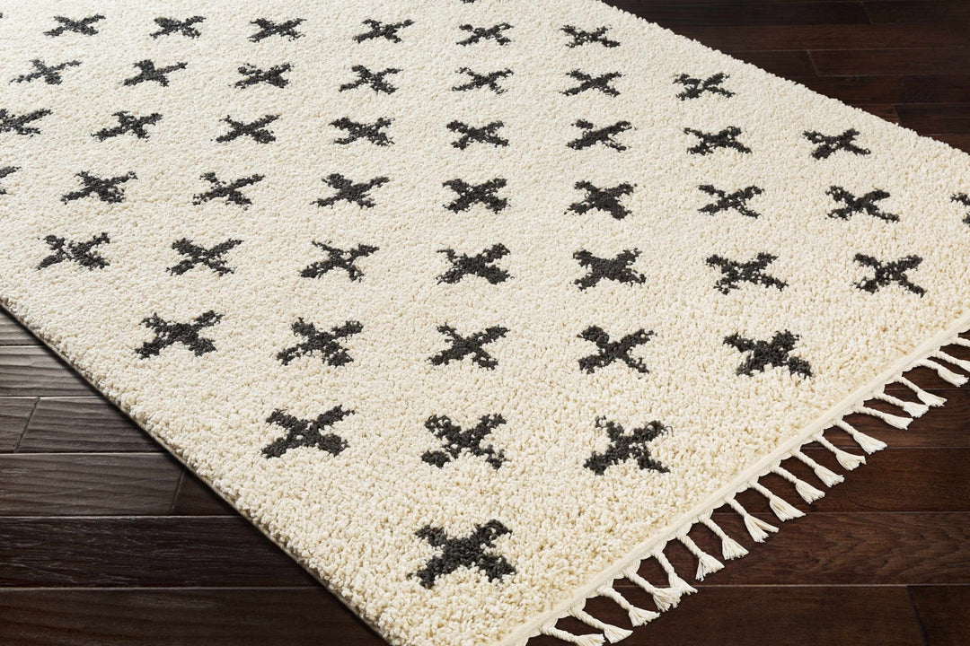 Beige and Charcoal Modern Geometrical Cross Design Plush Pile Moroccan style area Rug - The Rug Decor