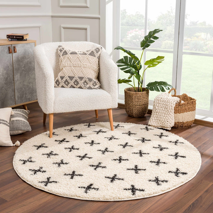 Beige and Charcoal Modern Geometrical Cross Design Plush Pile Moroccan style area Rug - The Rug Decor