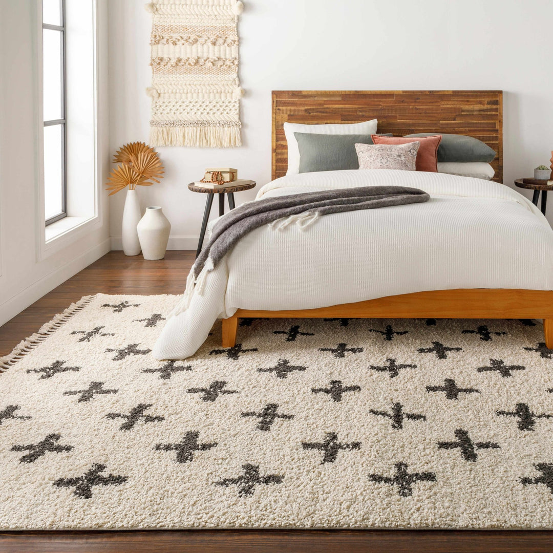 Beige and Charcoal Modern Geometrical Cross Design Plush Pile Moroccan style area Rug - The Rug Decor