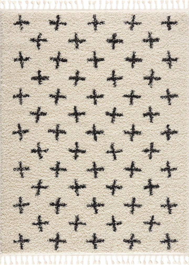 Beige and Charcoal Modern Geometrical Cross Design Plush Pile Moroccan style area Rug - The Rug Decor