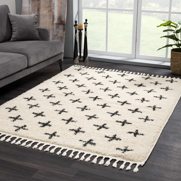 Beige and Charcoal Modern Geometrical Cross Design Plush Pile Moroccan style area Rug - The Rug Decor