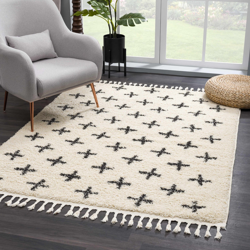 Beige and Charcoal Modern Geometrical Cross Design Plush Pile Moroccan style area Rug - The Rug Decor