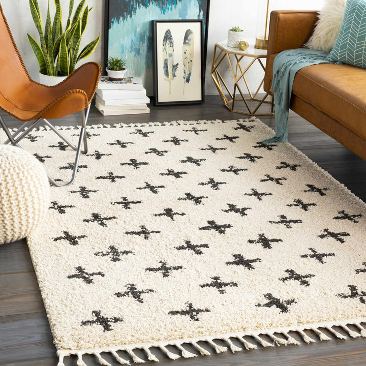 Beige and Charcoal Modern Geometrical Cross Design Plush Pile Moroccan style area Rug - The Rug Decor