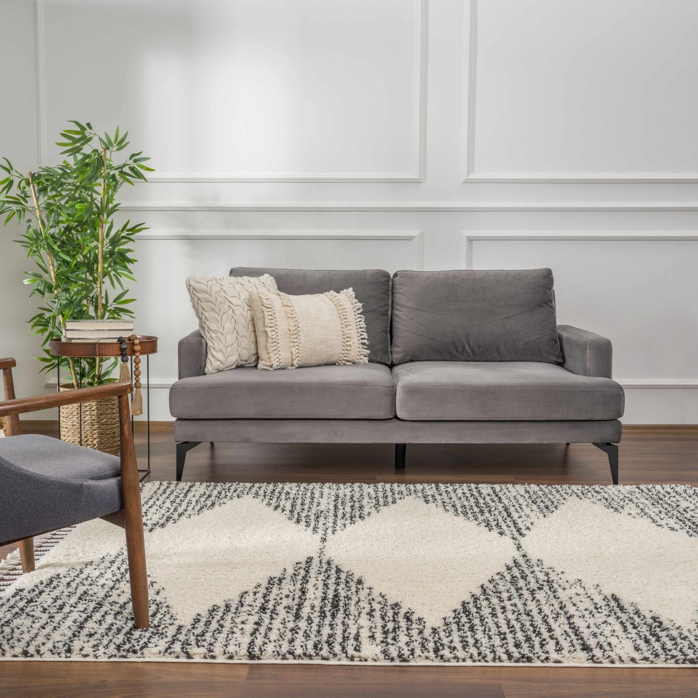 Beige and Charcoal Modern Geometrical Plush Pile Moroccan Style Area Rug - The Rug Decor