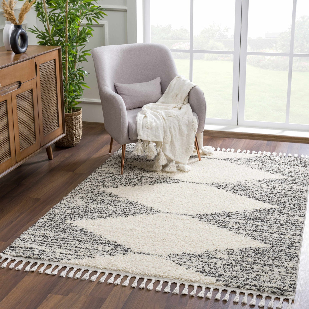 Beige and Charcoal Modern Geometrical Plush Pile Moroccan Style Area Rug - The Rug Decor