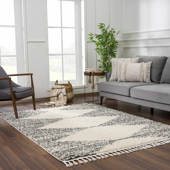 Beige and Charcoal Modern Geometrical Plush Pile Moroccan Style Area Rug - The Rug Decor