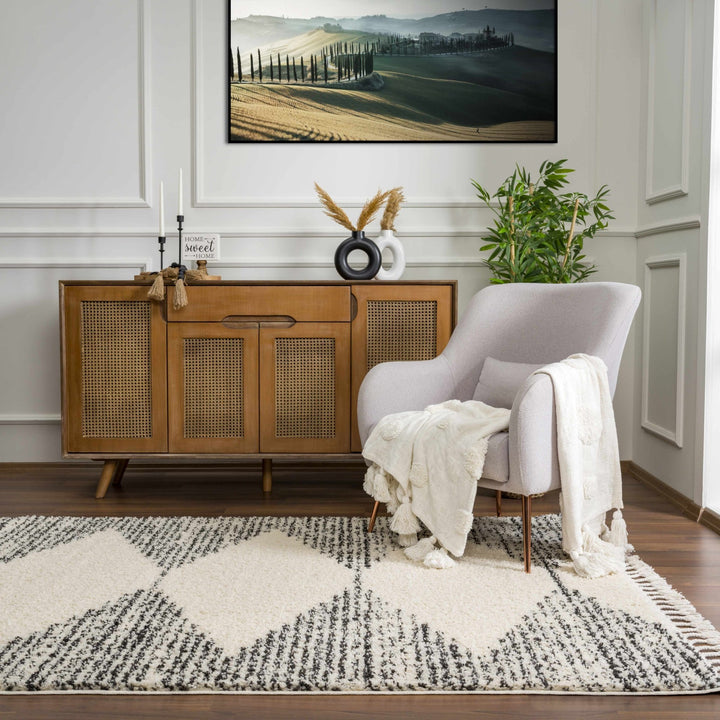 Beige and Charcoal Modern Geometrical Plush Pile Moroccan Style Area Rug - The Rug Decor